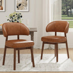MALOL Wooden Dining Chairs Set of 2, Modern Upholstered Dining Room Chair, PU Leather Kitchen Side Chairs with Curved Open Back for Living Room/Restaurant/Cafe, Brown