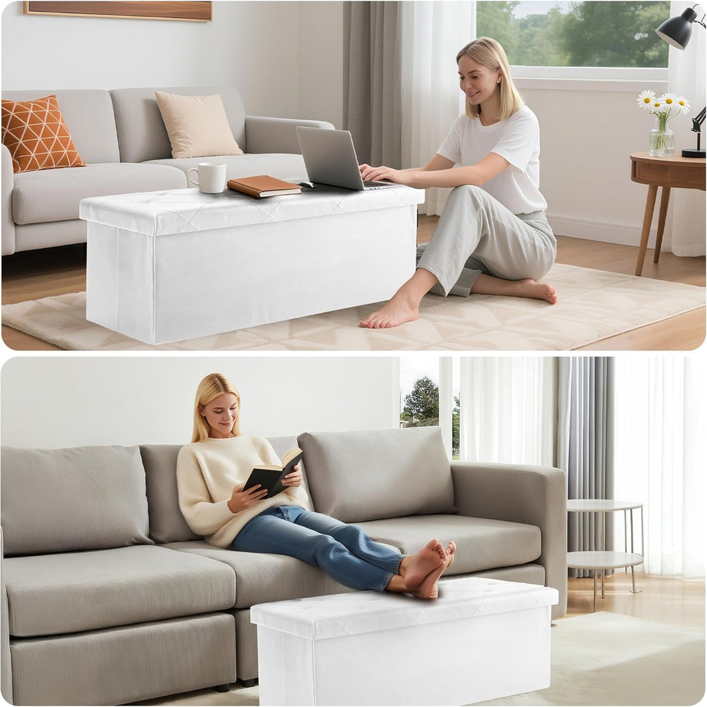 DUMOS 43 Inches Folding Ottoman with Storage Bench, Foot Rest Stool, End of Bed Storage Bench Upholstered, Load 660 lbs, for Living Room, Synthetic Leather, Beige