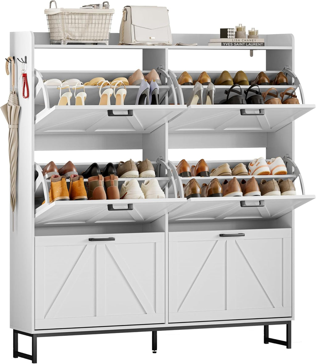 Wodeer Shoe Cabinet Storage for Entryway, Shoe Storage Cabinet with 6 Flip Drawers, Freestanding Narrow Shoe Rack Organizer with Metal Legs, Adjustable Shelves & Open Storage for Foyer, Hallway, White
