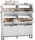 Wodeer Shoe Cabinet Storage for Entryway, Shoe Storage Cabinet with 6 Flip Drawers, Freestanding Narrow Shoe Rack Organizer with Metal Legs, Adjustable Shelves & Open Storage for Foyer, Hallway, White
