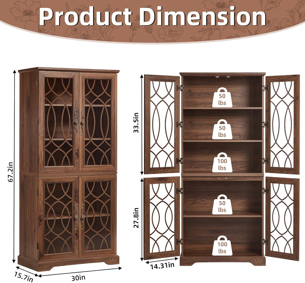 Joaxswe 67" Tall Pantry Cabinet, Wood Kitchen Pantries Cabinets with Glass Doors & Adjustable Shelves, Freestanding Vintage Cupboard with Large Storage for Dining Room, Bathroom, Brown