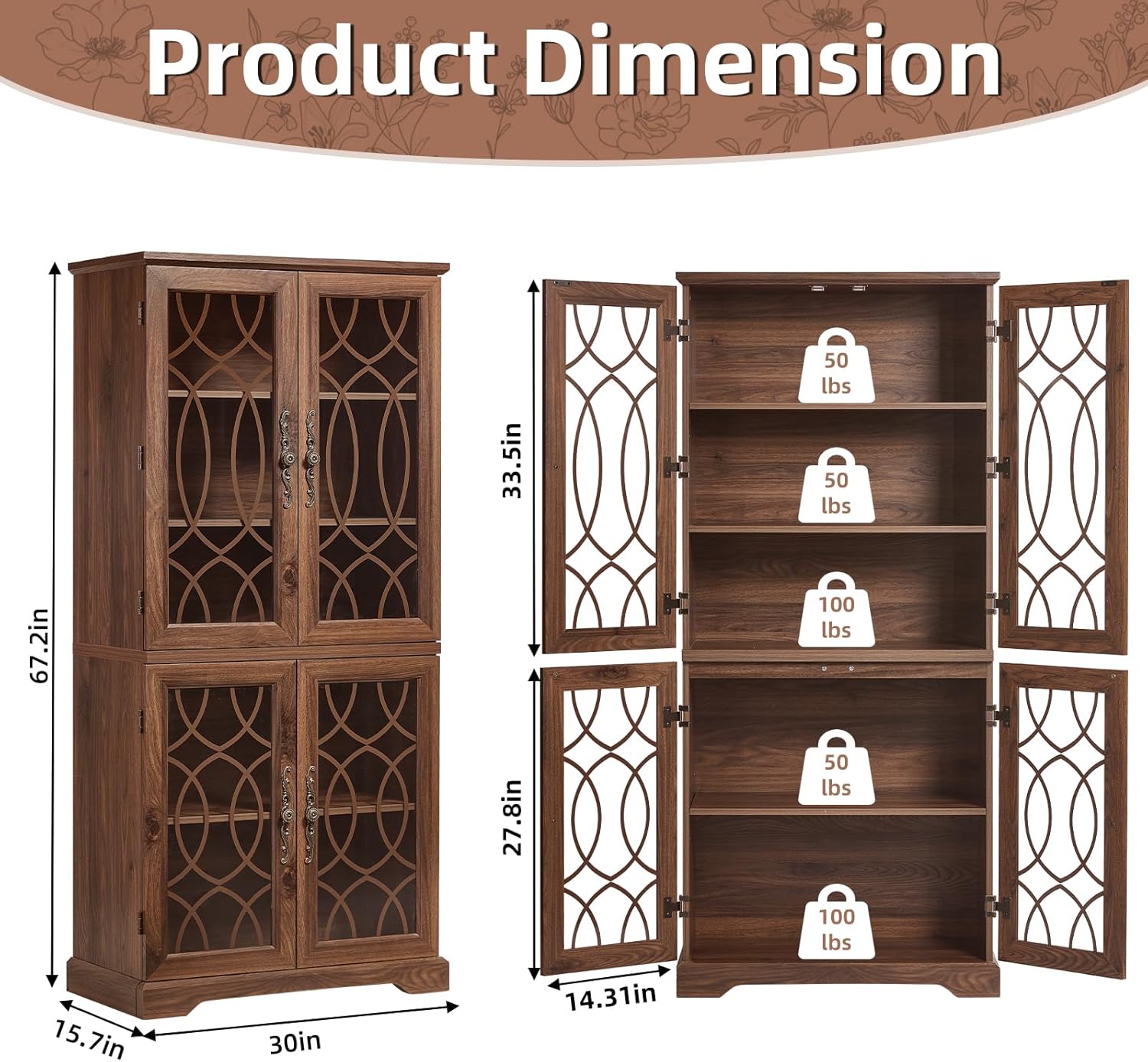 Joaxswe 67" Tall Pantry Cabinet, Wood Kitchen Pantries Cabinets with Glass Doors & Adjustable Shelves, Freestanding Vintage Cupboard with Large Storage for Dining Room, Bathroom, Brown