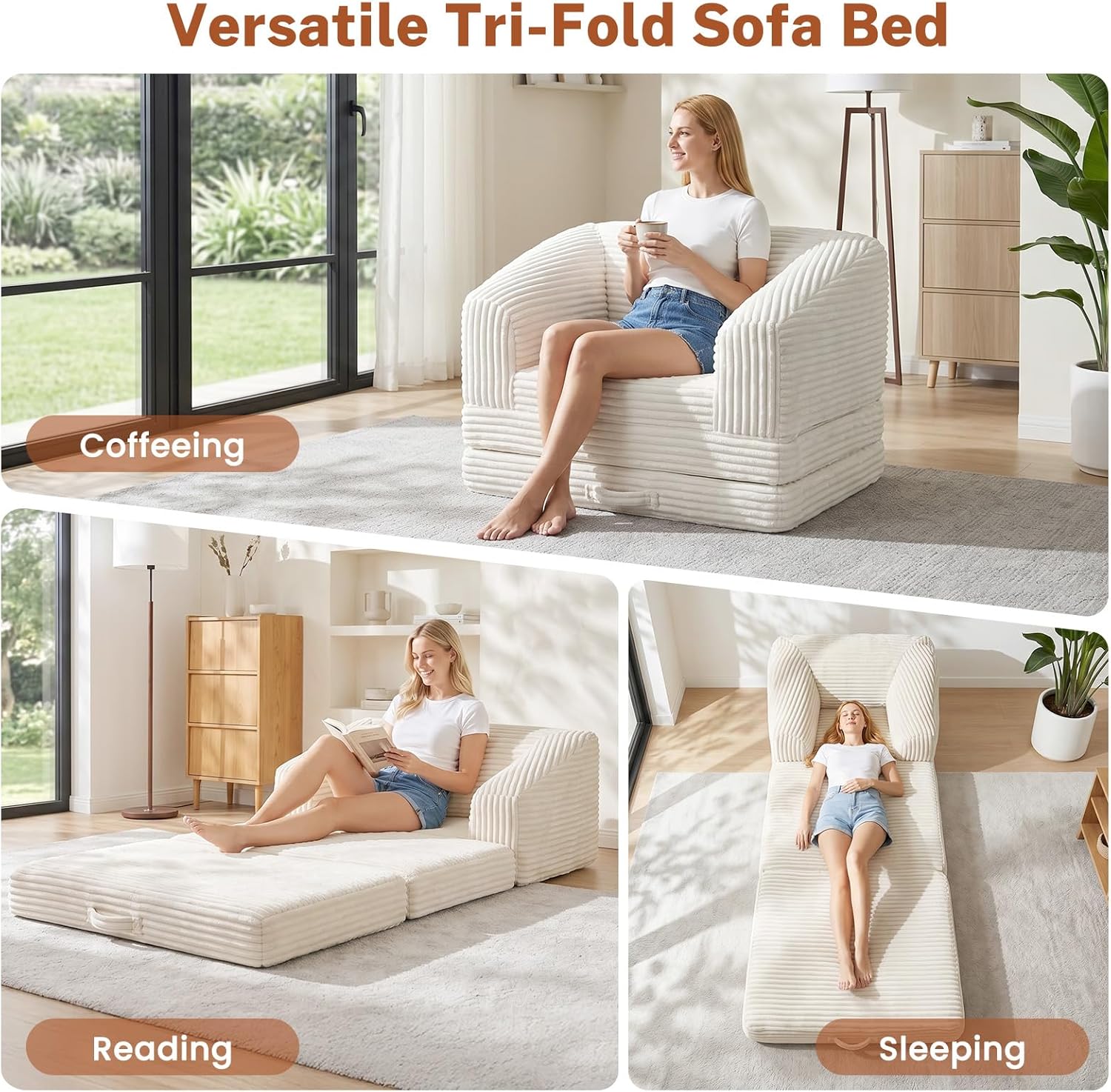 Convertible Boneless Couch Sleeper Sofa Bed, Folding Oversized Bean Bag Couch, Comfy Sofa Chairs for Adults with Filling, Single, Beige