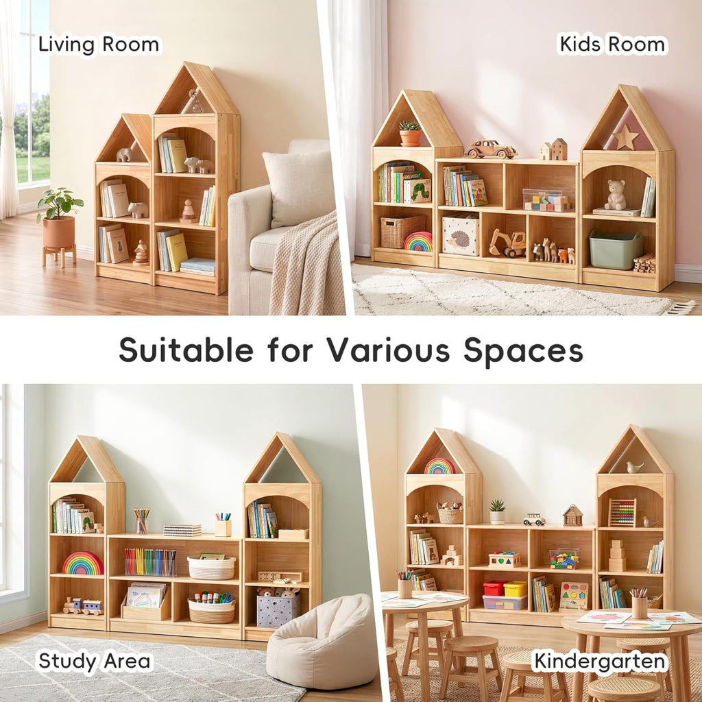 OOOK Rubberwood Montessori Shelf, 3-Tier Toy Organizers and Storage, Wood Corner Cabinet for Kids Room, Playroom, Nursery, Classroom, Kindergarten