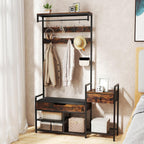 Tangkula Hall Tree with Bench and Shoe Storage, Industrial Coat Rack with Shoe Storage, 12 Hooks & Drawer, Multifunctional Shoe Rack with Cushioned Seat & Hanging Rod for Entryway, Bedroom, Hallway