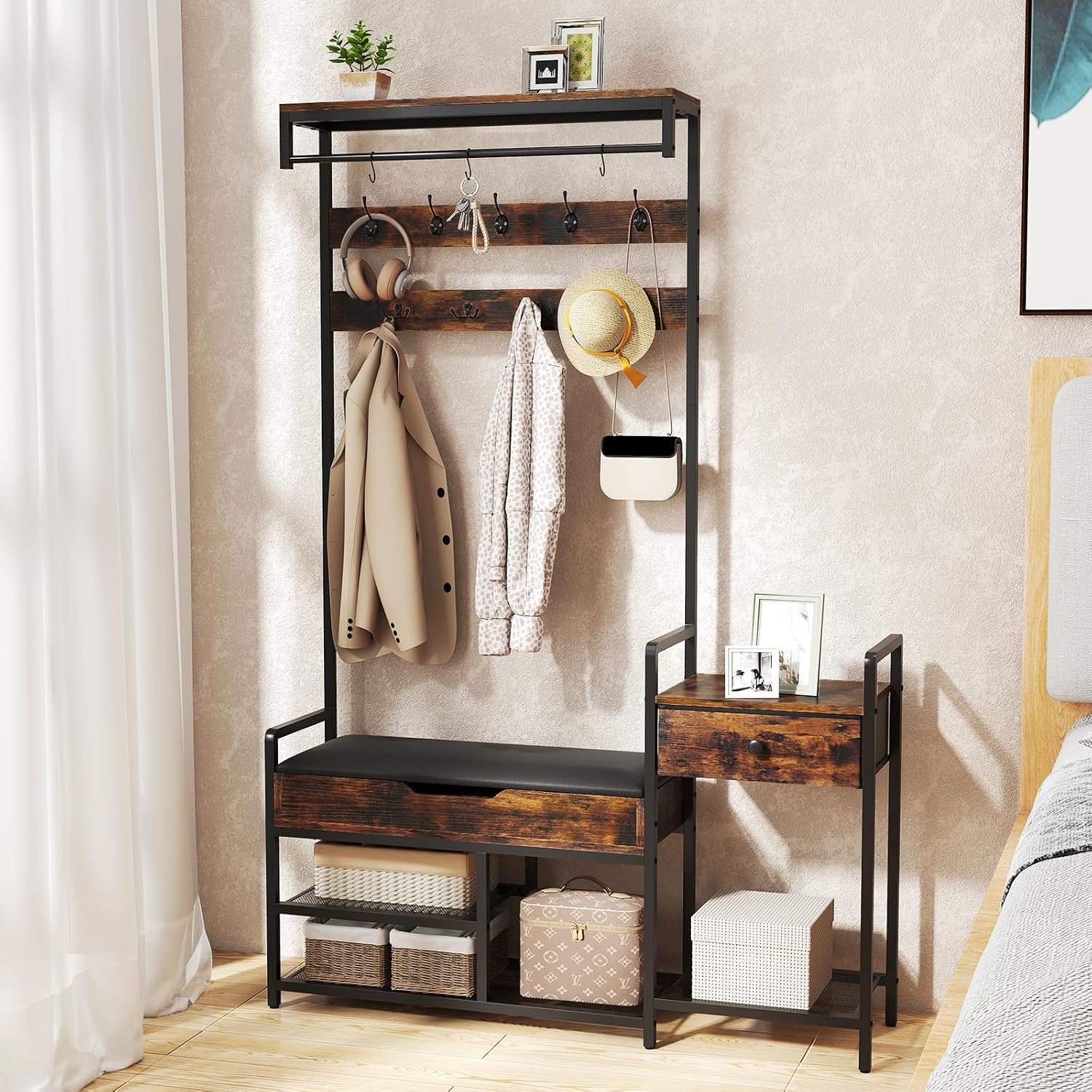 Tangkula Hall Tree with Bench and Shoe Storage, Industrial Coat Rack with Shoe Storage, 12 Hooks & Drawer, Multifunctional Shoe Rack with Cushioned Seat & Hanging Rod for Entryway, Bedroom, Hallway