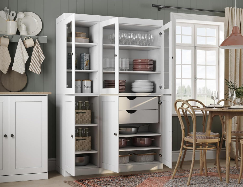 Palace Imports 100% Solid Wood 48.5"" Pantry Cabinet with Shaker, Clear Glass Doors, 2-Drawers & Adjustable Shelves