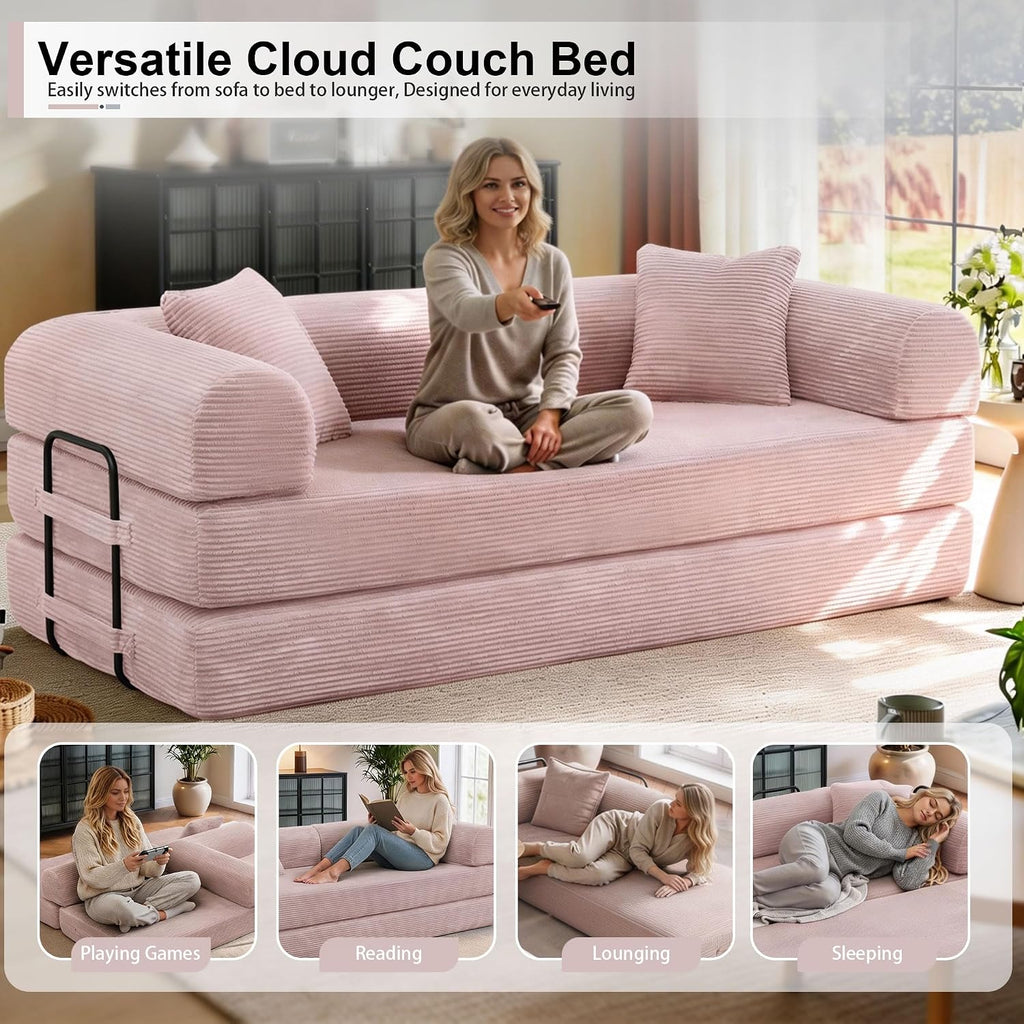 JJJ 63 inch Sofa Bed 4-in-1 Boneless Convertible Corduroy Sleeper Folding Couch with Fixed-Shape Frame and 2 Futons No Assemble Required 3 Seater Upholstered for Living Room (Pink, 63 inch)