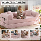 JJJ 63 inch Sofa Bed 4-in-1 Boneless Convertible Corduroy Sleeper Folding Couch with Fixed-Shape Frame and 2 Futons No Assemble Required 3 Seater Upholstered for Living Room (Pink, 63 inch)