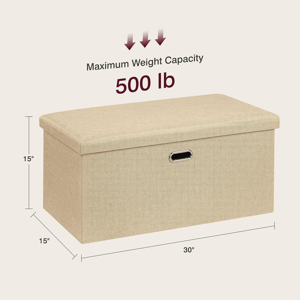 VECELO 30'' Folding Storage Ottoman Bench, End of Bed Linen Fabric Foot Rest Stool with Padded Seat, Large Footstools for Bedroom, Living Room, Load 500 lb, Khaki