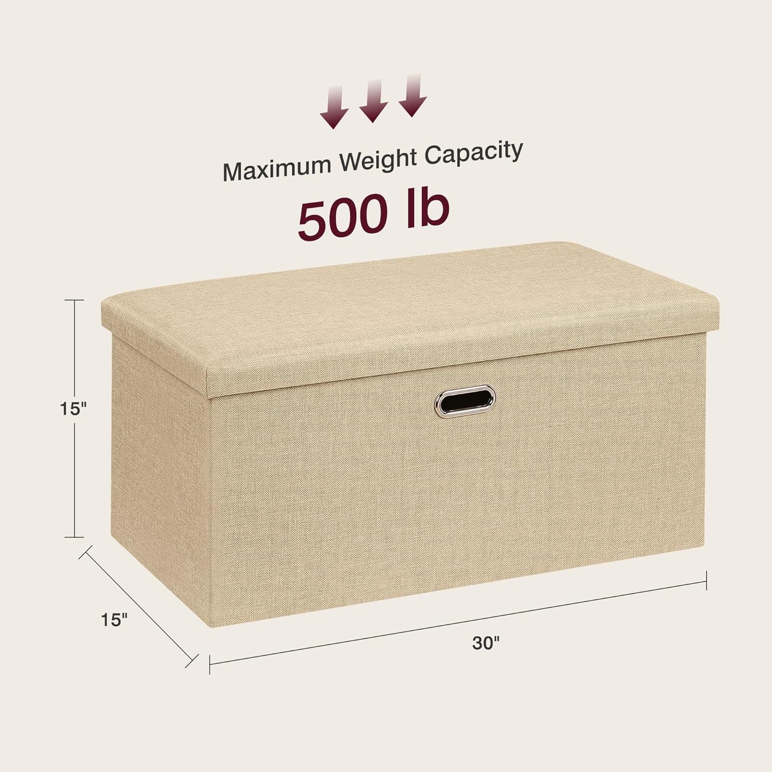 VECELO 30'' Folding Storage Ottoman Bench, End of Bed Linen Fabric Foot Rest Stool with Padded Seat, Large Footstools for Bedroom, Living Room, Load 500 lb, Khaki