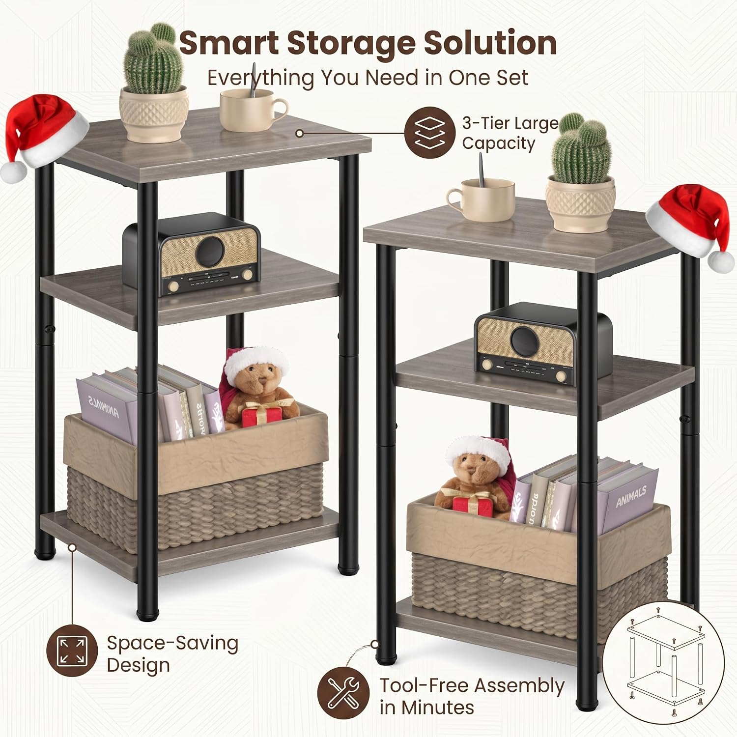3 Tier Narrow End Table, Industrial Side Table for Sofa Couch, Sturdy Nightstand Bedside Table with Multi-Layer Storage Shelves, Small Accent Side Table for Living Room Bedroom Small Space (2, Grey)