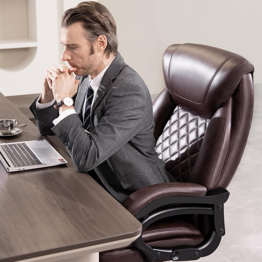 Big and Tall 500lbs Office Chair,Heavy Duty Large PU Leather Executive Desk Chair with Wide Seat, Adjustbale Ergonomic Lumbar Support High Back Rocking Computer Chair for Heavy People (Brown)