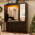 PAKASEPT Armoire Wardrobe Closet with w/Folding Sliding Barn Door | Bedroom Armoires with Mirror and LED Lights, Hanging Rod, Clothing Storage Cabinet for Bedroom (3 Doors)