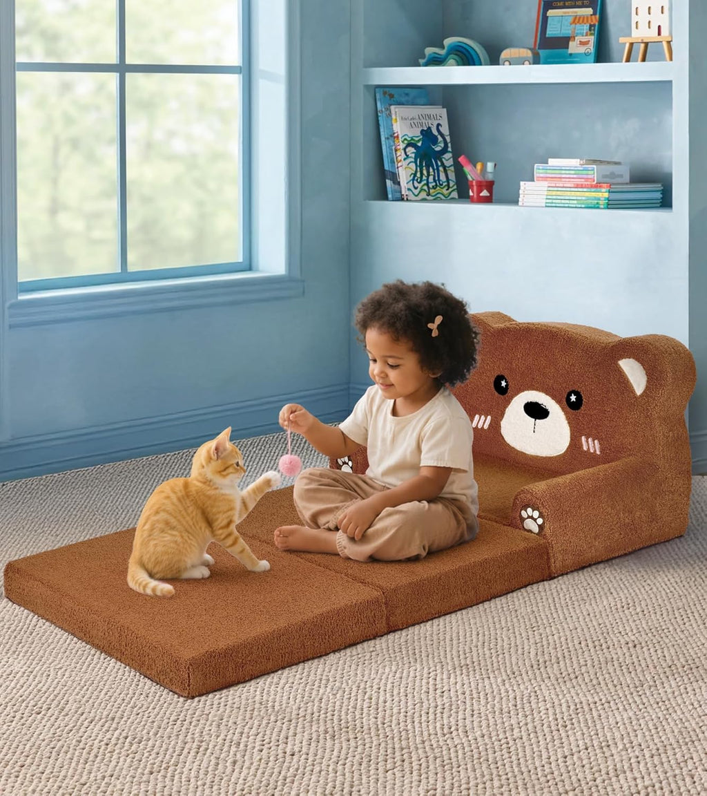 Foryoomi Kids Couch, 2-in-1 Soft Toddler Couch Fold Out with Blanket, Chair Comfy, Foldable Convertible Plush Sofa, Gifts for Kids Girl Boys, Bear