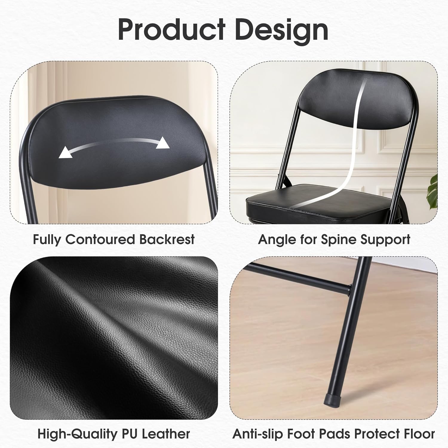 HOMEFUN Padded Folding Chairs Set of 4, Folding Chairs with Cushion and Durable Metal Frame，No Assemble Required for Party Kitchen Office Wedding Black