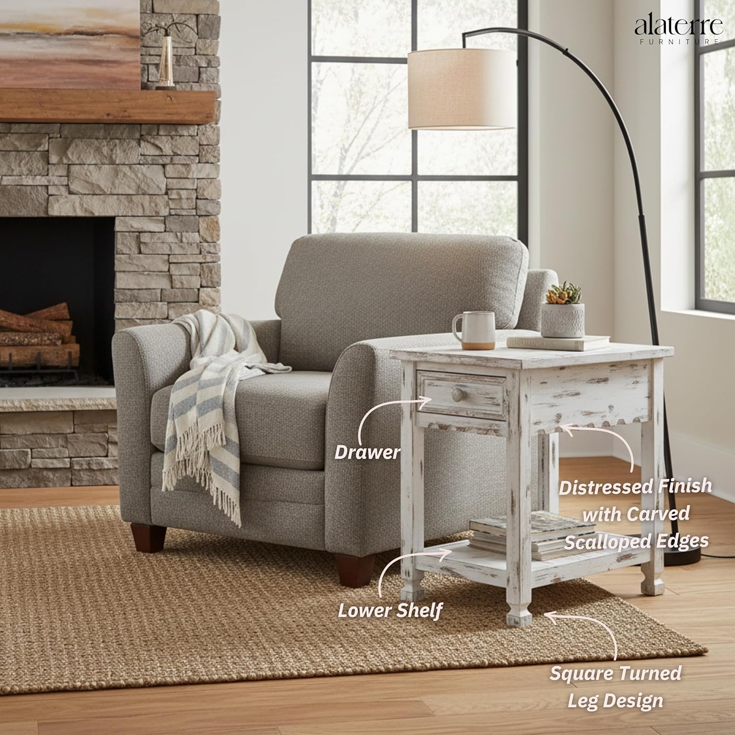 Alaterre Furniture Country Cottage Chairside End Table Set of 2 – Narrow Rustic Farmhouse Side Table with Drawer & Lower Shelf for Living Room or Bedroom (Distressed White Finish)