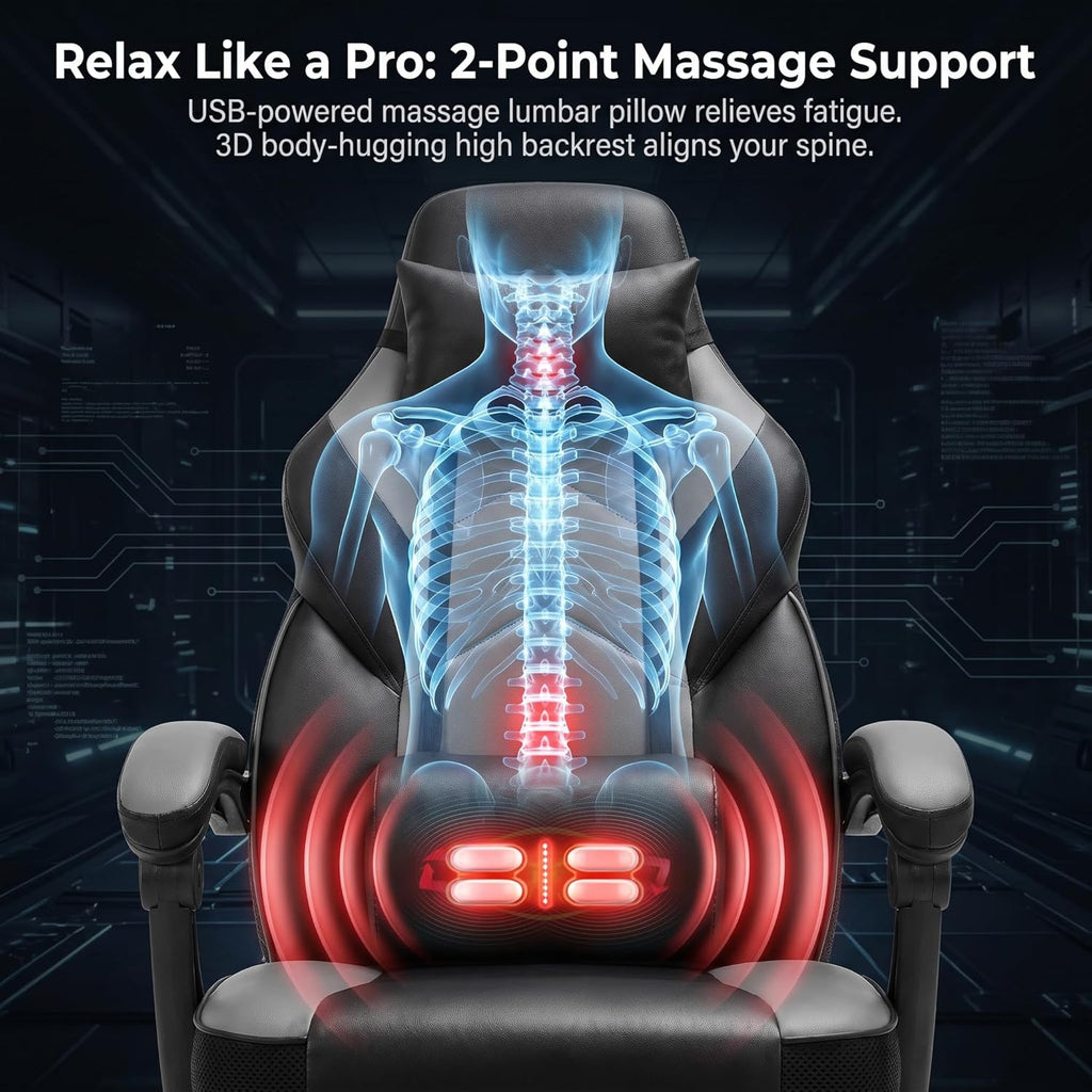 DL-win Gaming Chair for Adults with Footrest, Ergonomic Computer Gamer Chair with Massage Lumbar Support, High Back Reclining Gaming Chair, Adjustable Swivel Desk Chair for Home Office, Grey