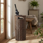 Rattan Umbrella Holder for Entryway with Drip Tray, 21''H Round Umbrella Stand for Indoor & Outdoor, Tall Wicker Basket for Storage, Woven Organizer for Home, Office, Hotel, Shop, Brown