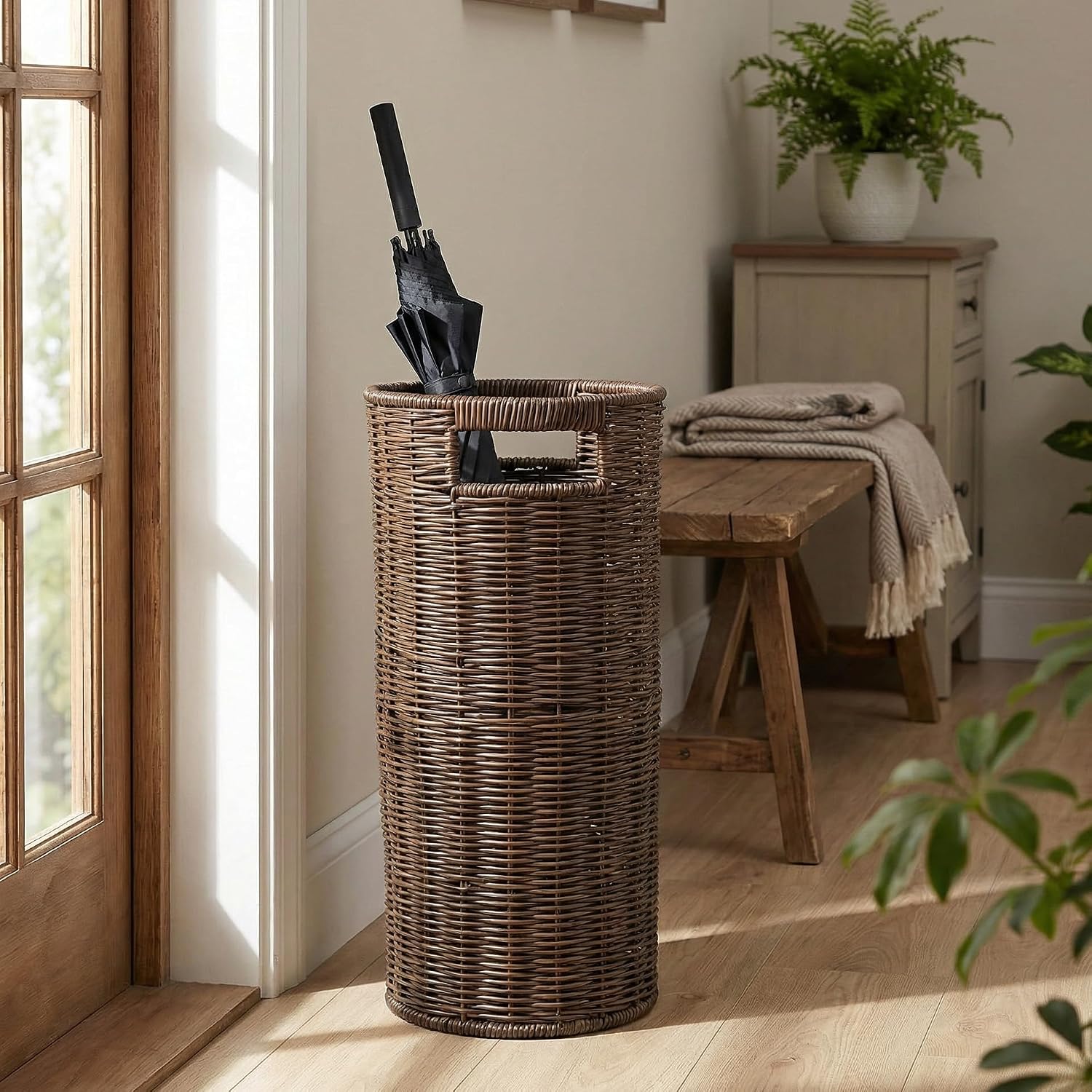 Rattan Umbrella Holder for Entryway with Drip Tray, 21''H Round Umbrella Stand for Indoor & Outdoor, Tall Wicker Basket for Storage, Woven Organizer for Home, Office, Hotel, Shop, Brown
