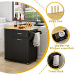 HQZX Rolling Kitchen Island with Trash Can Storage, Black | Portable & Movable & Lockable Wheels, Towel Rack & Spice Rack, Tilt Out Trash Can Cabinet with Drawer, Mobile Island Cart