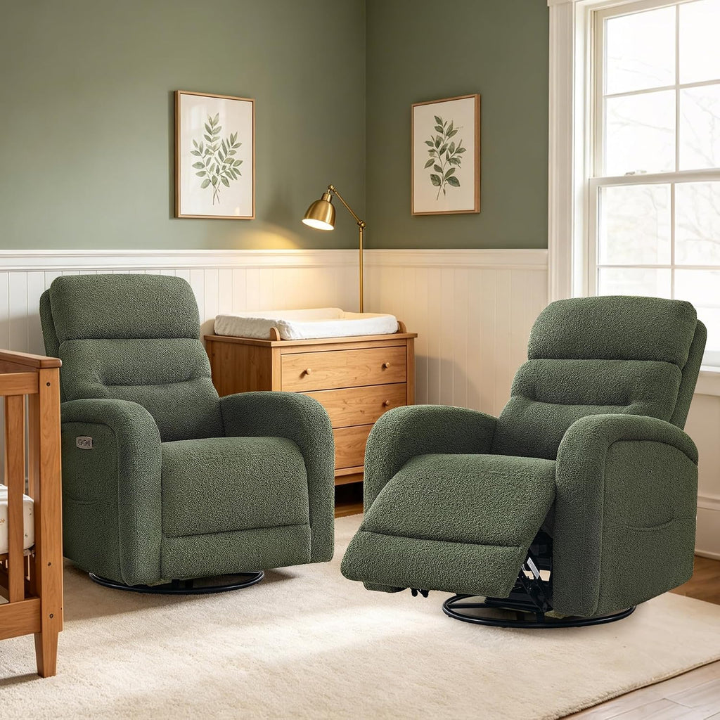 Power Swivel Rocker Recliner, Upholstered Glider Recliner Nursery Chair with Type-C & USB Port,Swivel Rocking Nursery Recliners with Double Pockets for Living Room Bedroom,Green