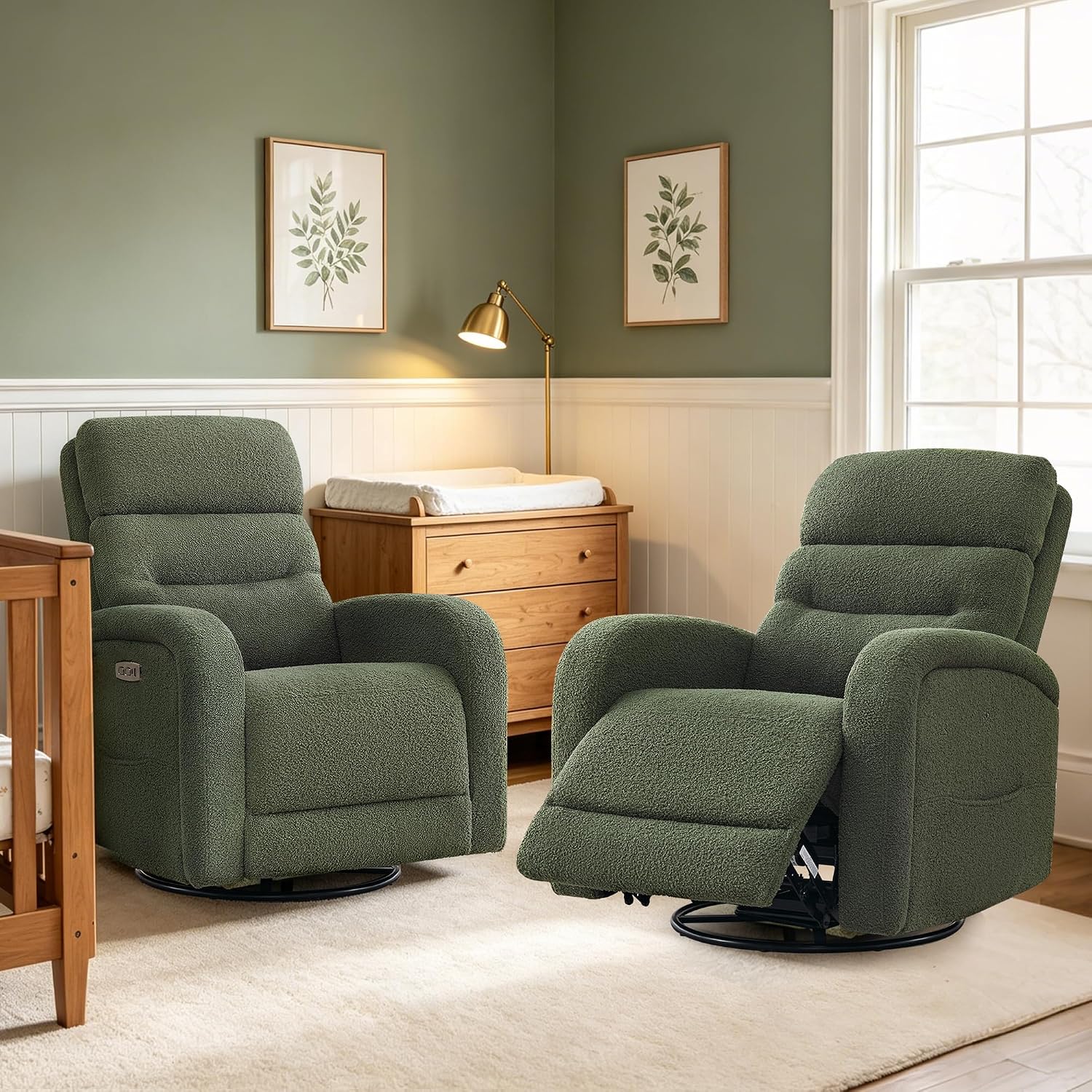 Power Swivel Rocker Recliner, Upholstered Glider Recliner Nursery Chair with Type-C & USB Port,Swivel Rocking Nursery Recliners with Double Pockets for Living Room Bedroom,Green