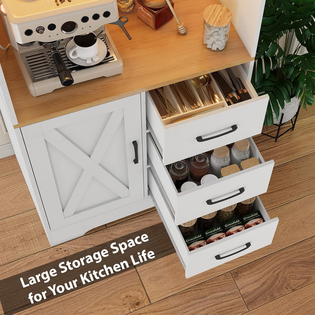 LLappuil 67" Kitchen Pantry with LED Light & Outlet, Kitchen Hutch with 6 Hooks, Drawer, Adjustable Shelves White