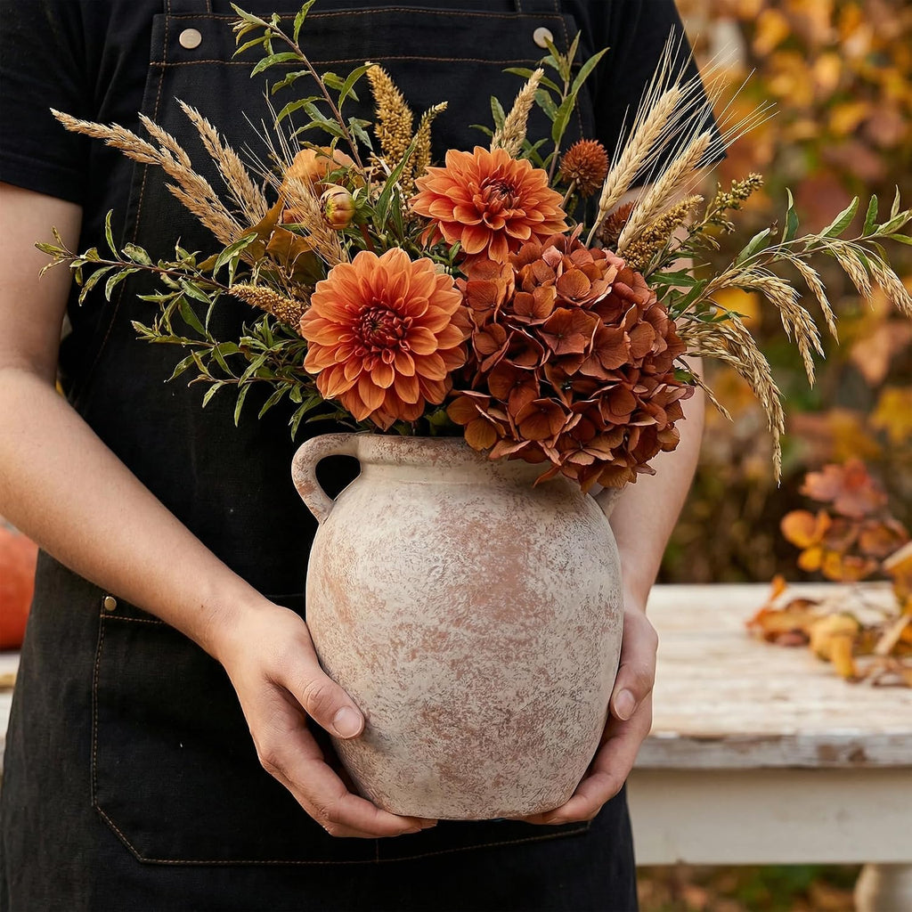 Ceramic Flower Vase Home Decor - 7.28Inch Farmhouse Rustic Vase,Double Handle Pottery Terracotta Vases for Living Room Dining Bedroom Table Decor Festive Decor Housewarming Gift