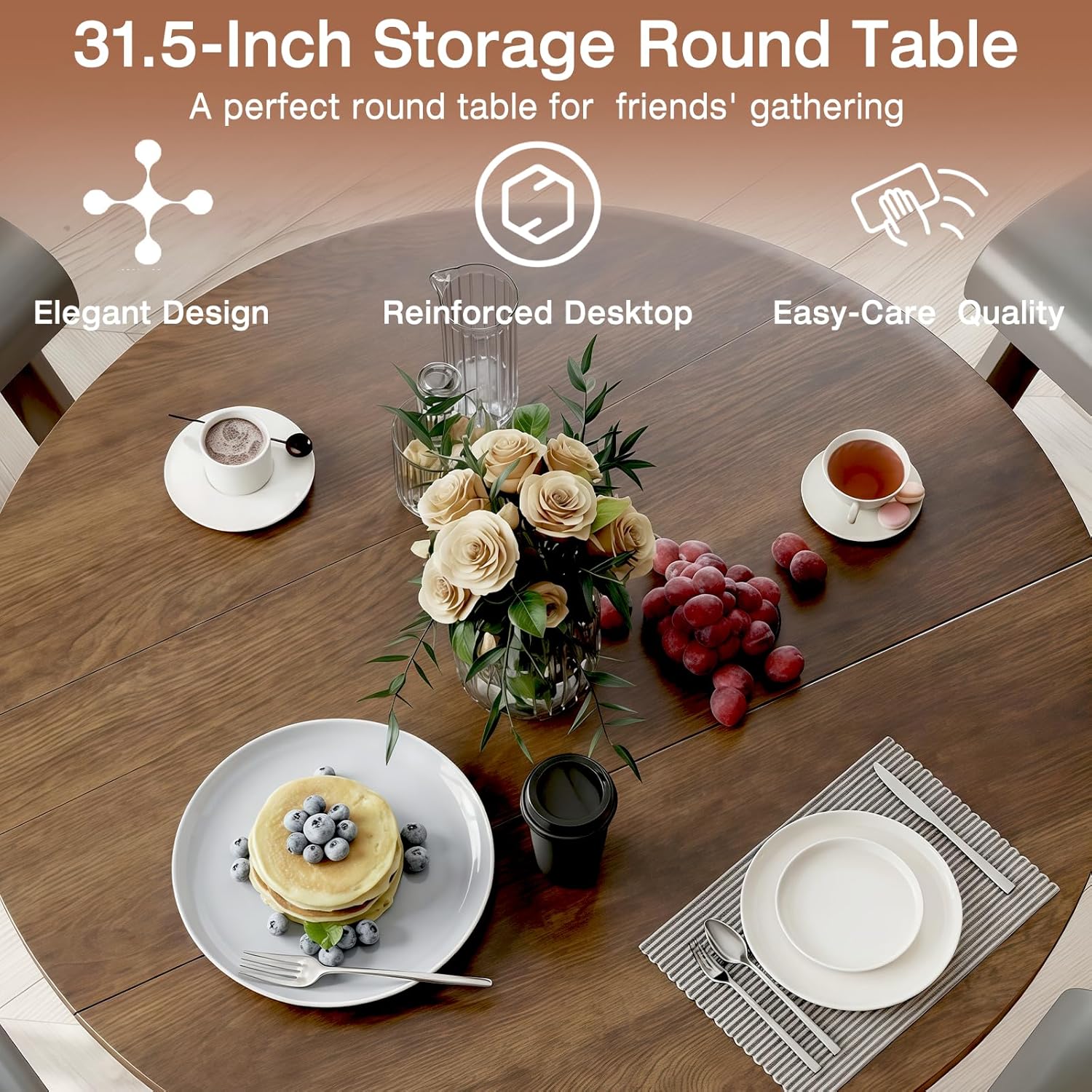 SoarFlash 31.5 Inch Round Dining Table for 2-3, Circle Farmhouse Kitchen Table with Storage Space, Wood Strip Base for Dining Room, Living Room, Lunch (Brown)