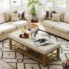 Befurtori Large Rectangular Upholstered Ottoman Bench, Linen Tufted Footrest Ottoman with Solid Wood Shelf Storage Coffee Table for Bedroom Living Room, Ivory