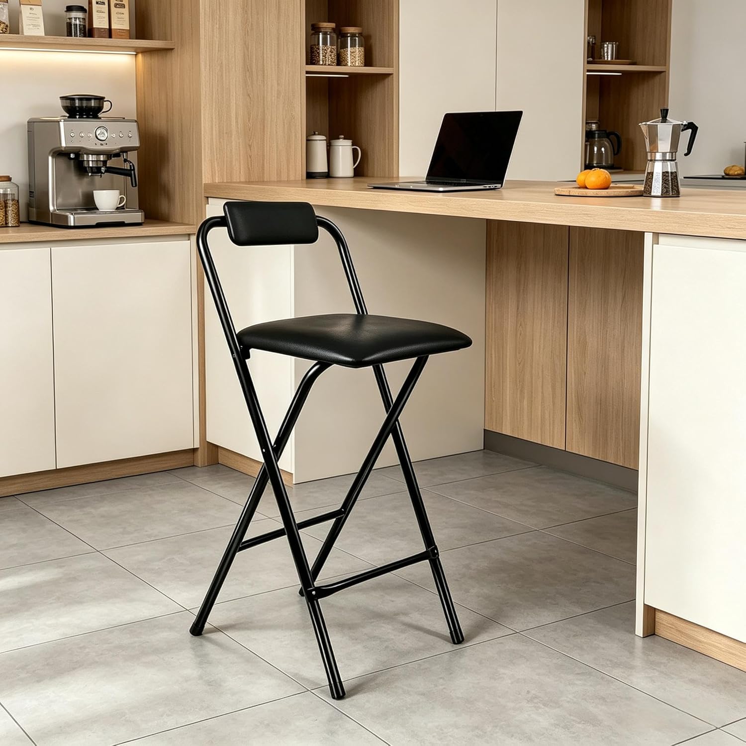 Folding Stool with Back,1Pcs Height for Kitchen Counter & Bar Table, Tall Foldable Stool Chair Portable Adult Seat Leather Padded Kitchen Shop Comfortable and Sturdy 29.5 Inch