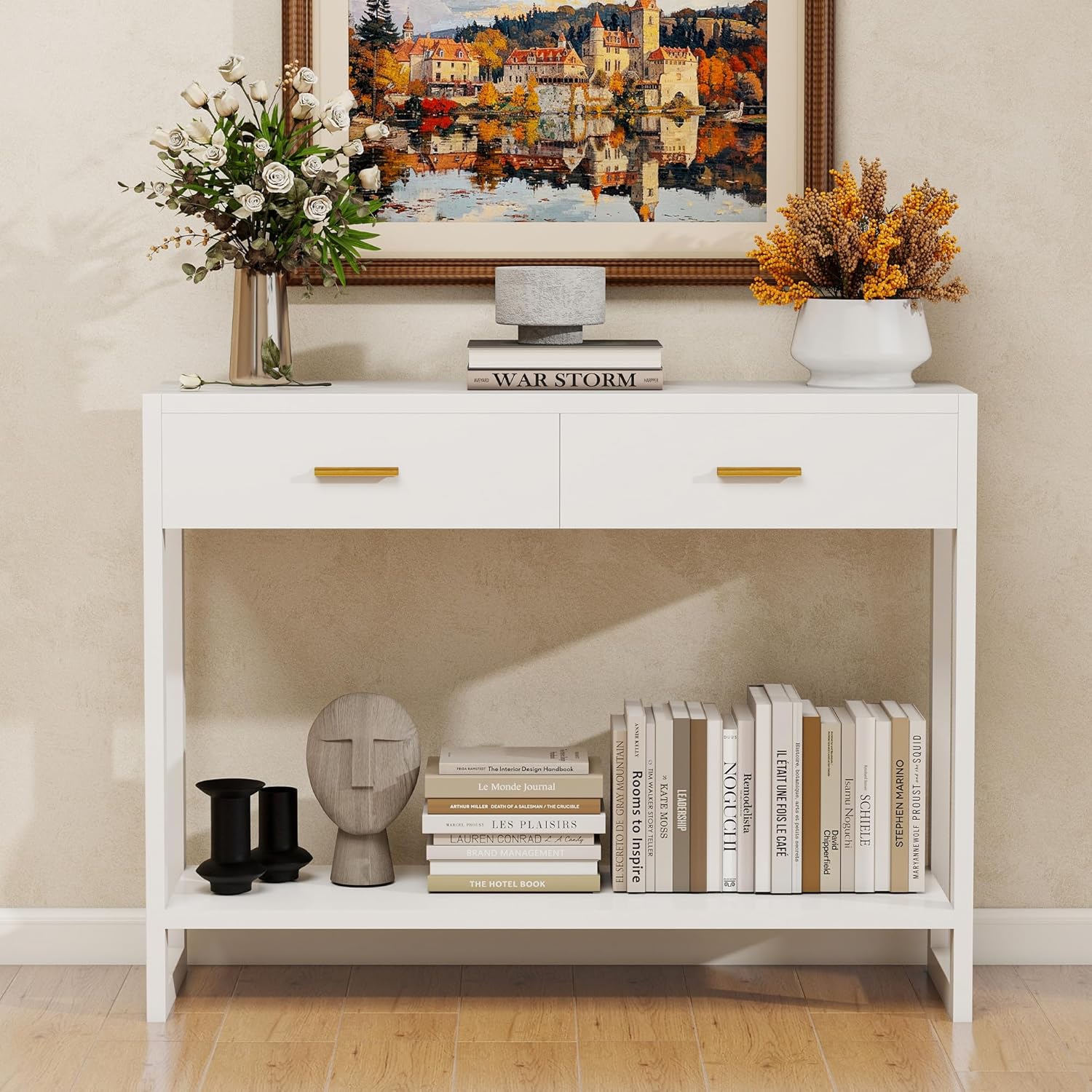 Entryway Table, Console Table with Motion Sensor Light, Sofa Table with 2 Drawers and Storage Shelf, Entryway Cabinet and Sideboard Cabinet for Hallway, Foyer, Living Room, White