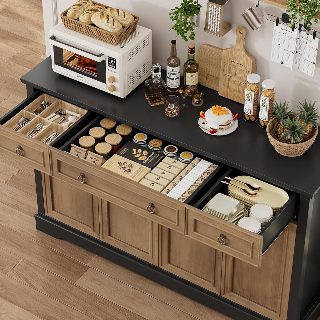 FINETONES Buffet Cabinet with Storage, 52.7" Large Sideboard Buffet Table, Kitchen Cabinet with 3 Drawers and 4 Doors, Wood Coffee Bar for Kitchen Dining Room, Black/Brown