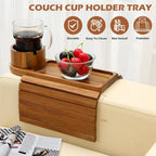 Couch Cup Holder Tray, 15.75" Acacia Wood Couch Armrest Table, 3 in 1 Foldable Sofa Clip on Side Table with 360° Phone Stand, Armrest Tray for Coffee Snacks