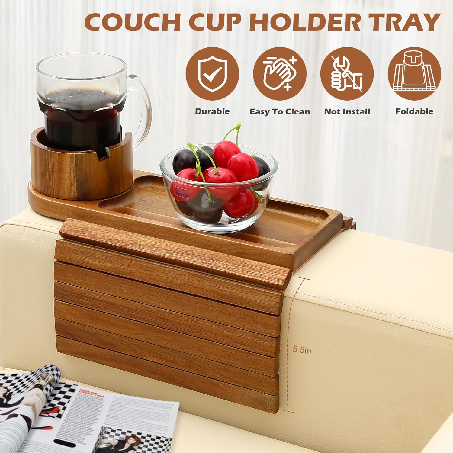 Couch Cup Holder Tray, 15.75" Acacia Wood Couch Armrest Table, 3 in 1 Foldable Sofa Clip on Side Table with 360° Phone Stand, Armrest Tray for Coffee Snacks
