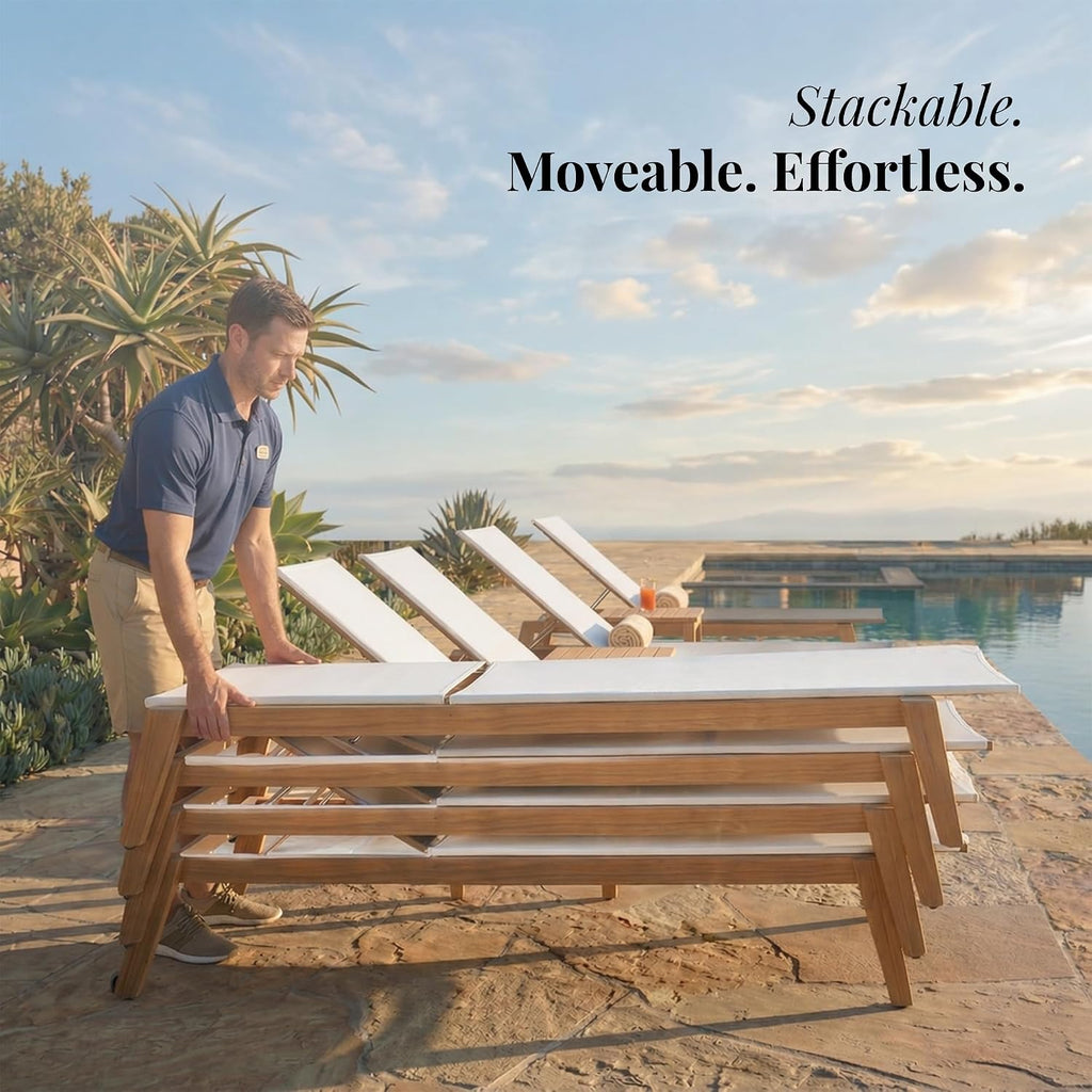 Menlo Stacking Teak & Sling Chaise Lounge Set of 2 — Grade A Teak Adjustable Pool Chairs with Wheels & 5-Position Backrest — Luxury Fully Assembled Poolside Furniture (White)