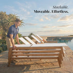Menlo Stacking Teak & Sling Chaise Lounge Set of 2 — Grade A Teak Adjustable Pool Chairs with Wheels & 5-Position Backrest — Luxury Fully Assembled Poolside Furniture (White)