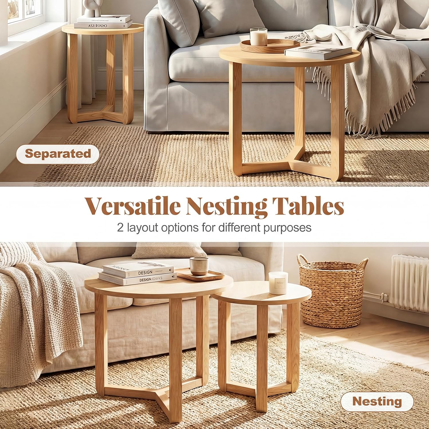 Giantex Round Nesting Coffee Table Set of 2, Wood Nesting End Tables with Thickened Top & Solid Rubber Wood Legs, Farmhouse Sofa Side Table for Small Spaces Living Room Bedroom (Natural)