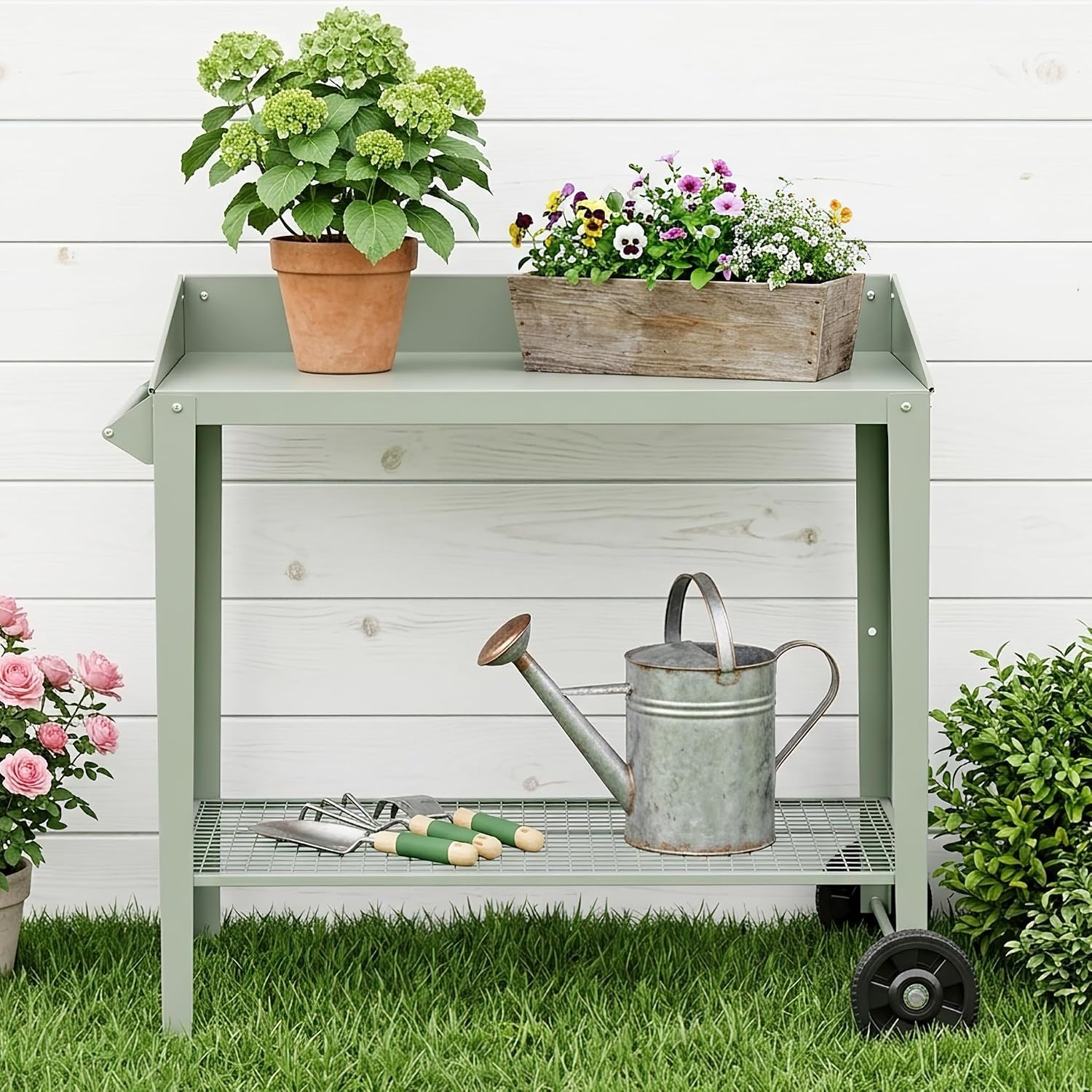 Outdoor Metal Potting Bench with Wheels, Heavy Duty Garden Workbench Table with Storage Shelf (Green, 36"x38.8")