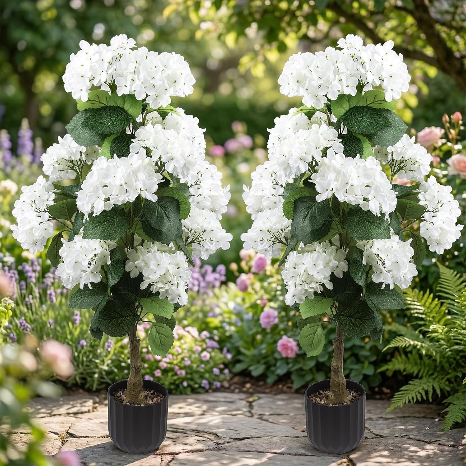 2 Pcs 3 Ft Artificial Hydrangea Trees Potted, UV Resistant Faux Silk Hydrangea Plant in Pot for Indoor Outdoor Decoration, Hydrangea Topiary for Garden Office Home Porch Patio Decor (2, White)