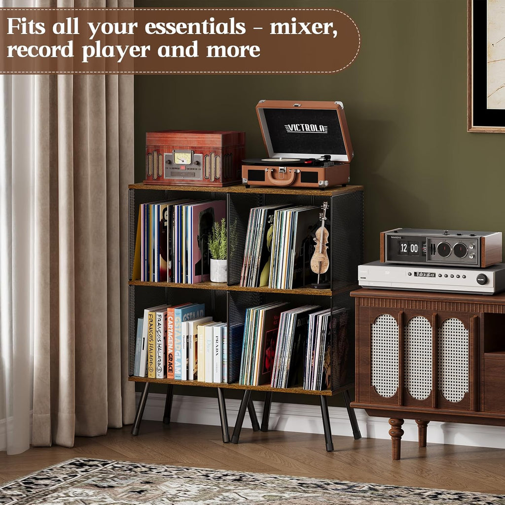 X-cosrack 3-Tier Record Player Stand, Turntable Stand with Storage up to 200 Albums, Corner Vinyl Record Holder with Adjustable Divider, Mid-Century Record Table Vinyl Storage for Bedroom Living Room