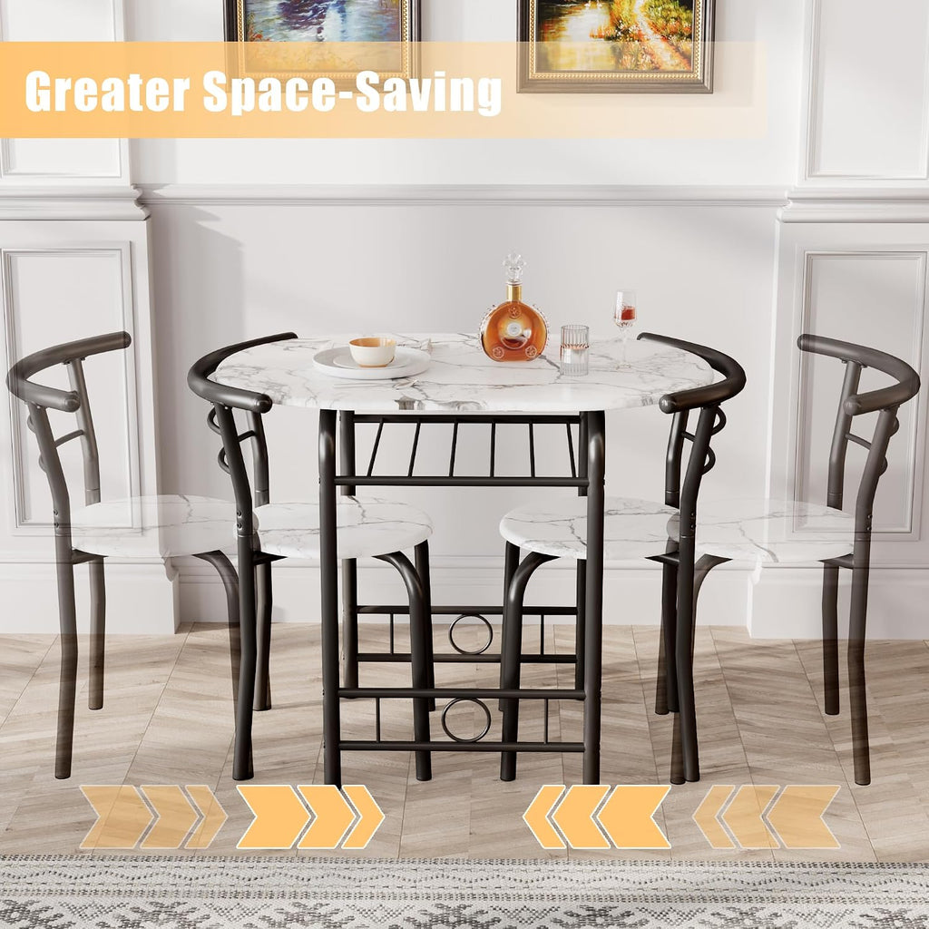JUMMICO 3-Piece Wooden Round Table & Chair Set, Space Saving Kitchen Breakfast Nook Wood Grain Tabletop with Metal Frame and Built-in Wine Rack for Kitchen, Dining Room (White/Black)