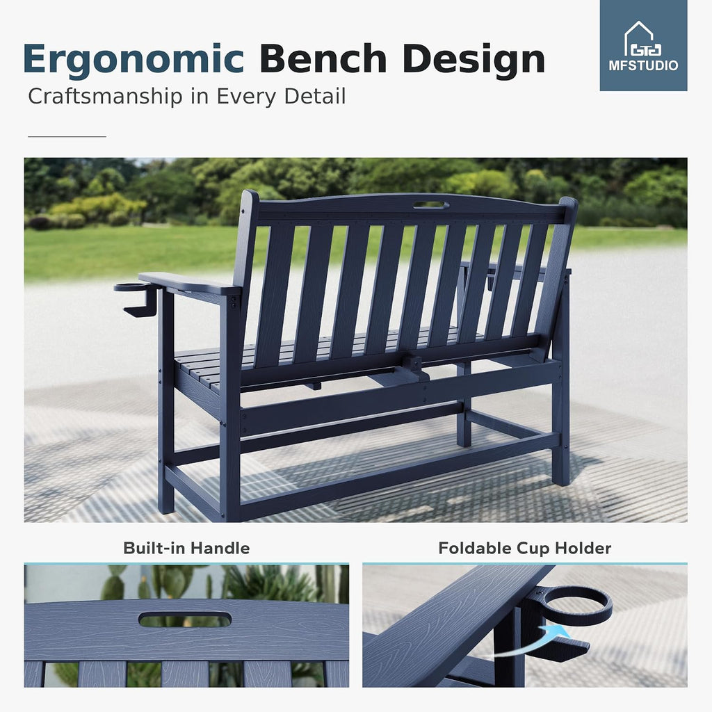 MFSTUDIO 50 Inches HDPE Outdoor Bench, Weatherproof Garden Benches, 2-Person Patio Bench for Outside with 700 lbs Weight Capacity, Perfect for Porch, Backyard and Park, Navy