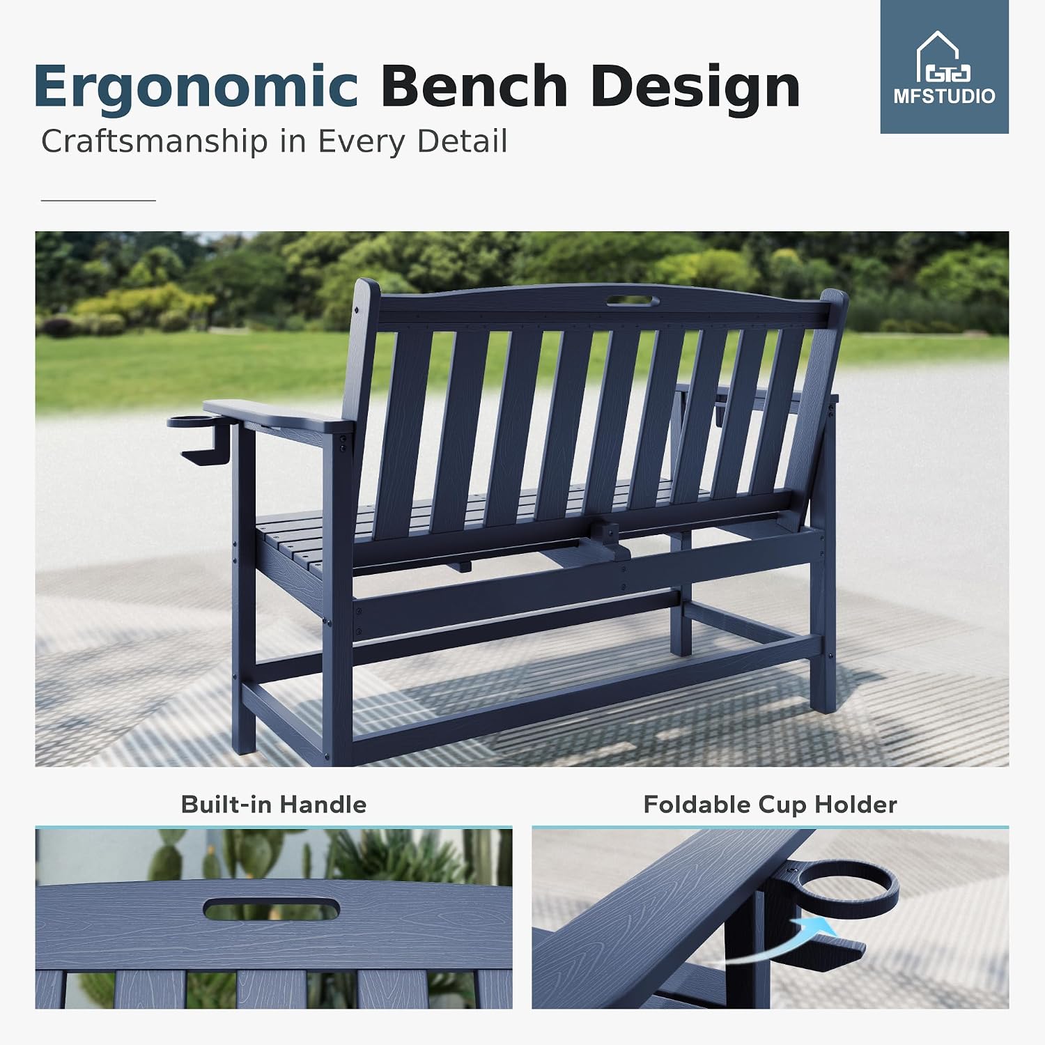 MFSTUDIO 50 Inches HDPE Outdoor Bench, Weatherproof Garden Benches, 2-Person Patio Bench for Outside with 700 lbs Weight Capacity, Perfect for Porch, Backyard and Park, Navy