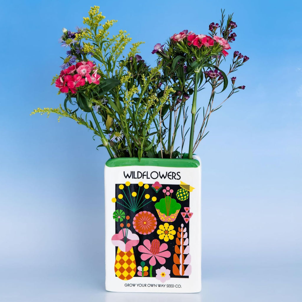 ban.do Ceramic Flower Vase, Wildflower Seeds | Unique Decorative Vase Shaped Like Seed Packet, Colorful Shelf Decor and Organization for Home or Office