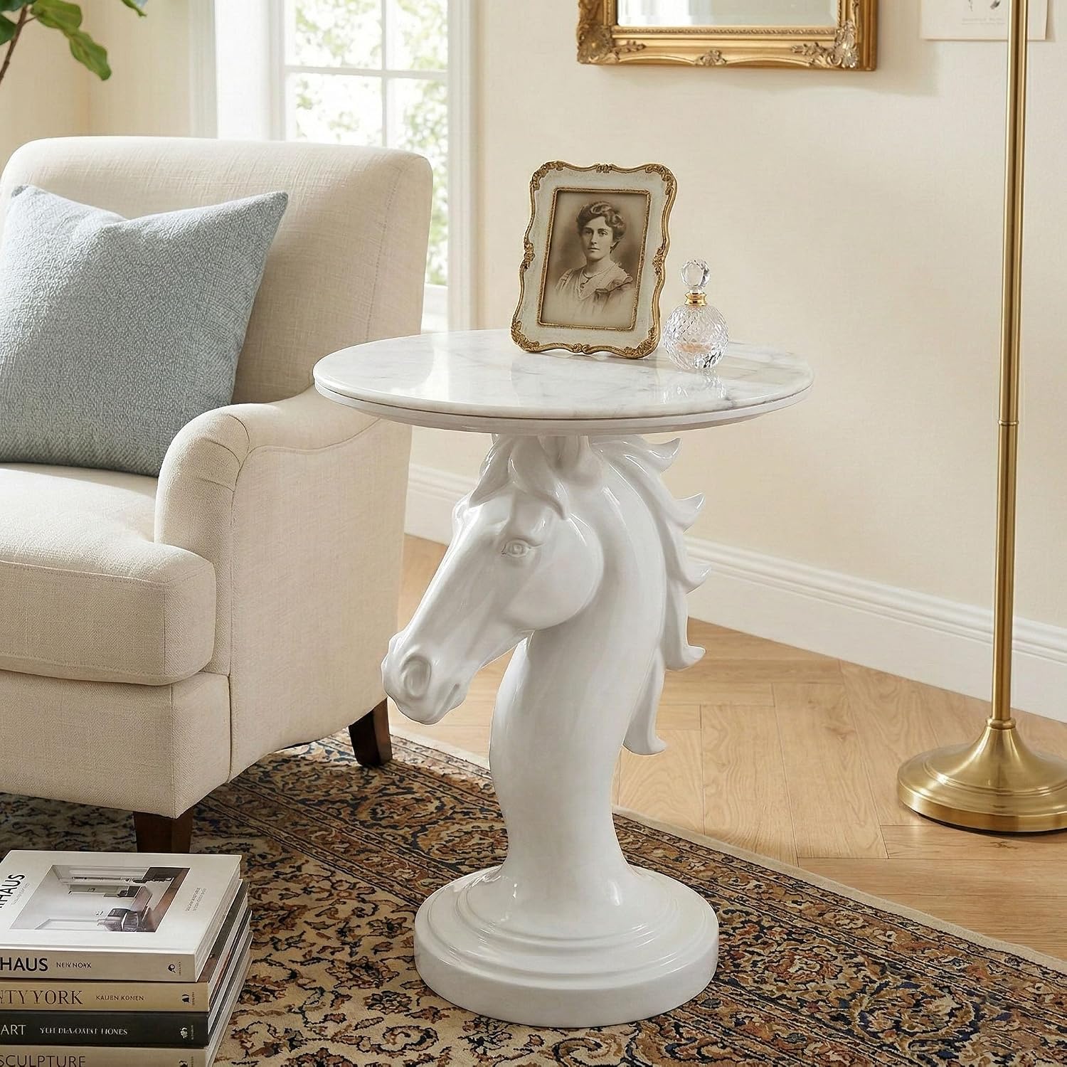 Modern Horse Statue Side Table - Round Faux Marble Top Accent Pedestal with Sculpture Base for Entryway & Living Room, White