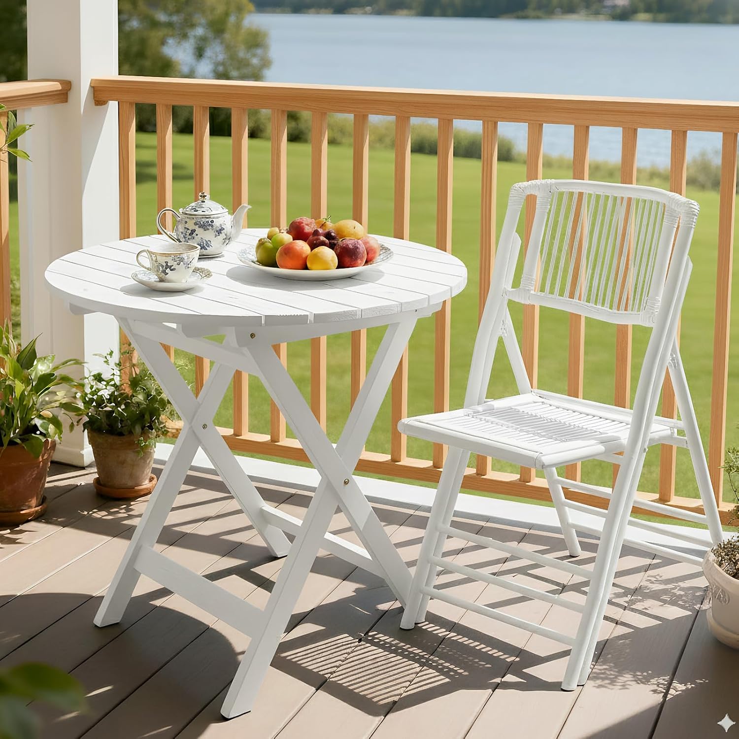VINGLI Bamboo Folding Chair, Foldable Dining Wood Chairs Comfortable Seat for Outdoor & Indoor, Patio, Porch, Wedding, Party, Event,White (4 Pack)
