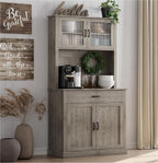71” Kitchen Pantry Storage Cabinet with Glass Doors and Microwave Stand, Freestanding Tall Kitchen Cabinet with Adjustable Shelves for Dining Room, Grey