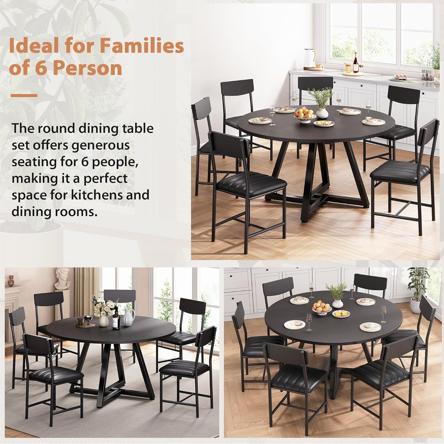 Round Dining Table Set for 6, Kitchen Table and Chairs for 6, Circle Table Round Pedestal Dining Room Dinner Dinette Table Set,7 Piece Space Saving Wood Kitchen & Dining Room Tables (Black, 51In)